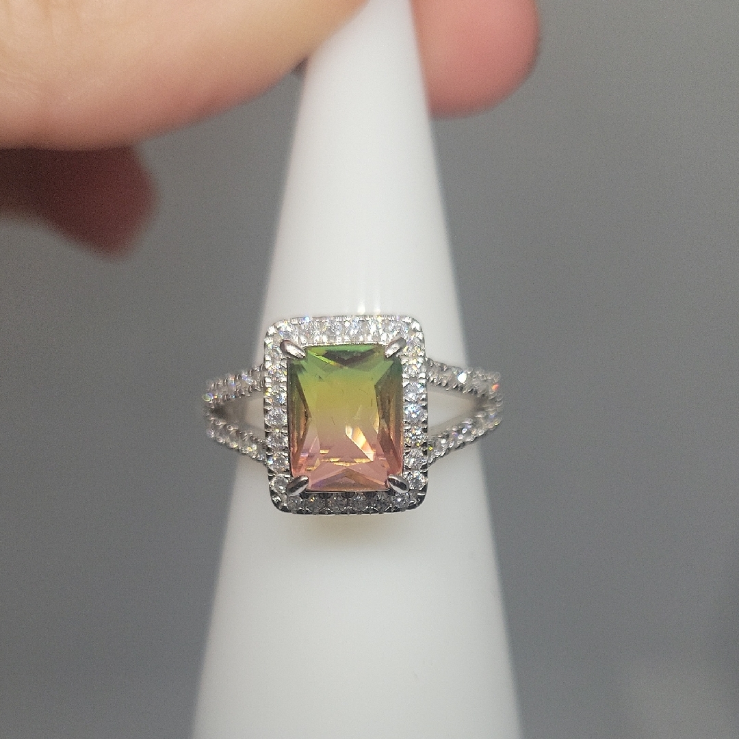 Watermelon Tourmaline & Cz In Sterling Silver Ring Size 7 Nwt